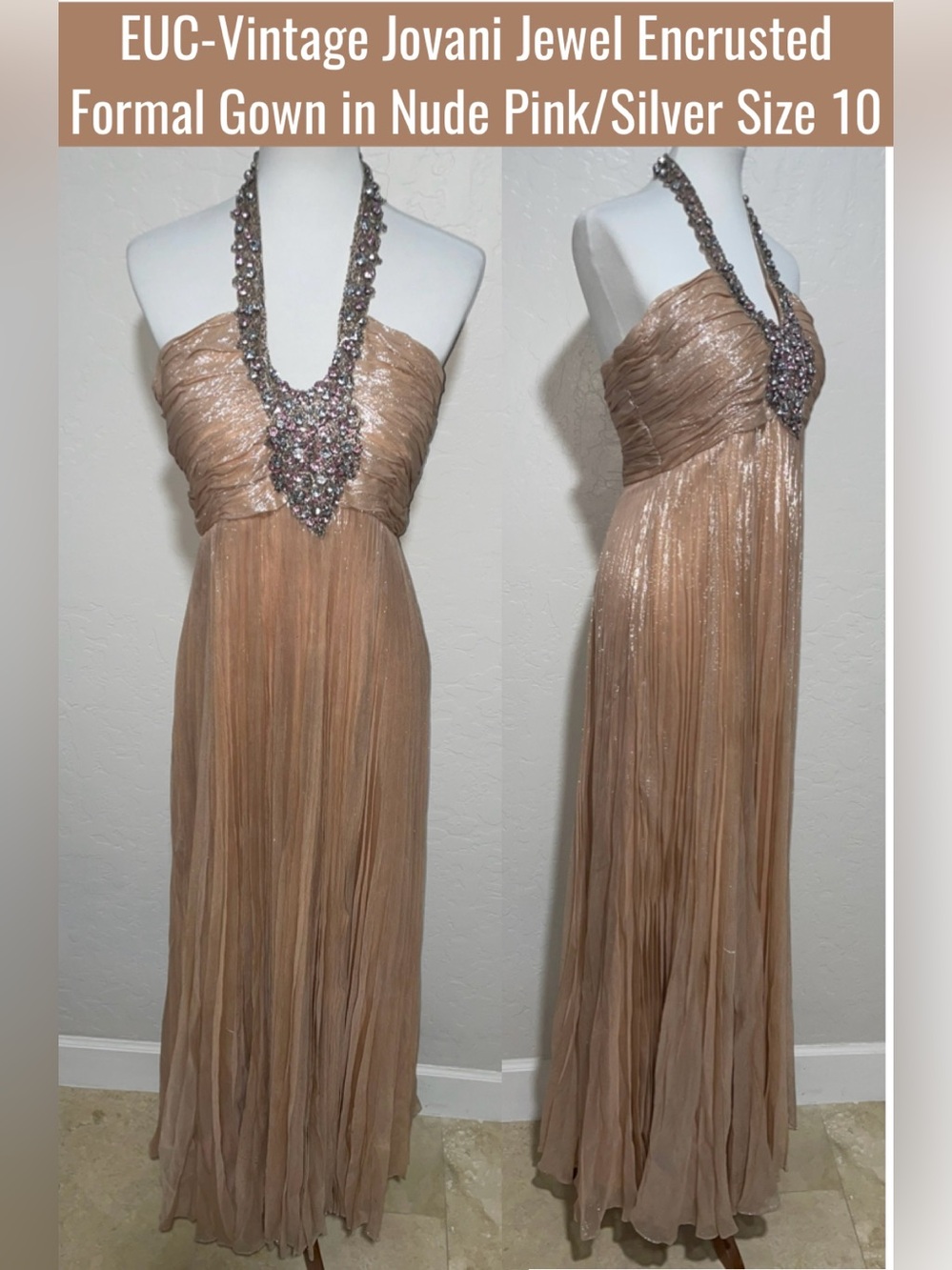EUC-Vintage Jovani Jewel Encrusted Formal Gown in Nude Pink/Silver Size 10